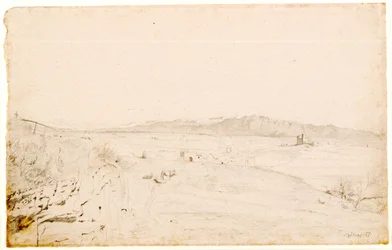 Paysage Romain, probablement face au Mont Lepini, au-delà de la ville de Velletri, 1857